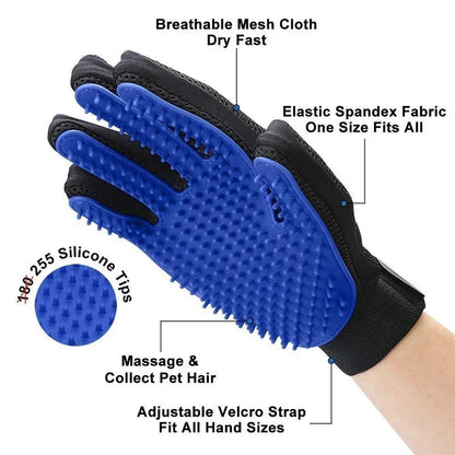 Blue grooming glove with black text detailing features on a white background