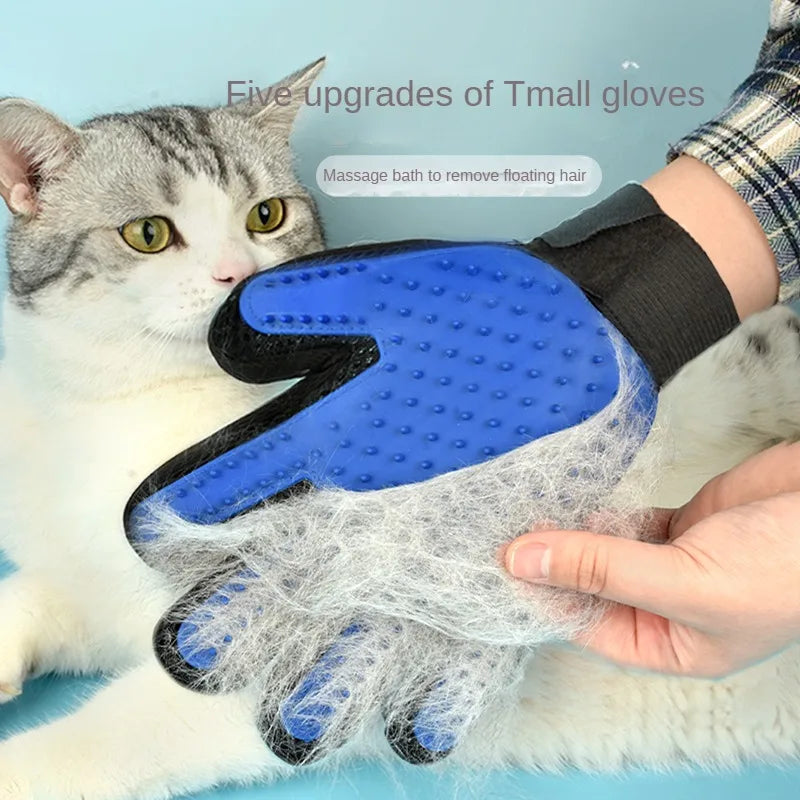 Pet grooming glove with collected hair, next to a cat on a blue background